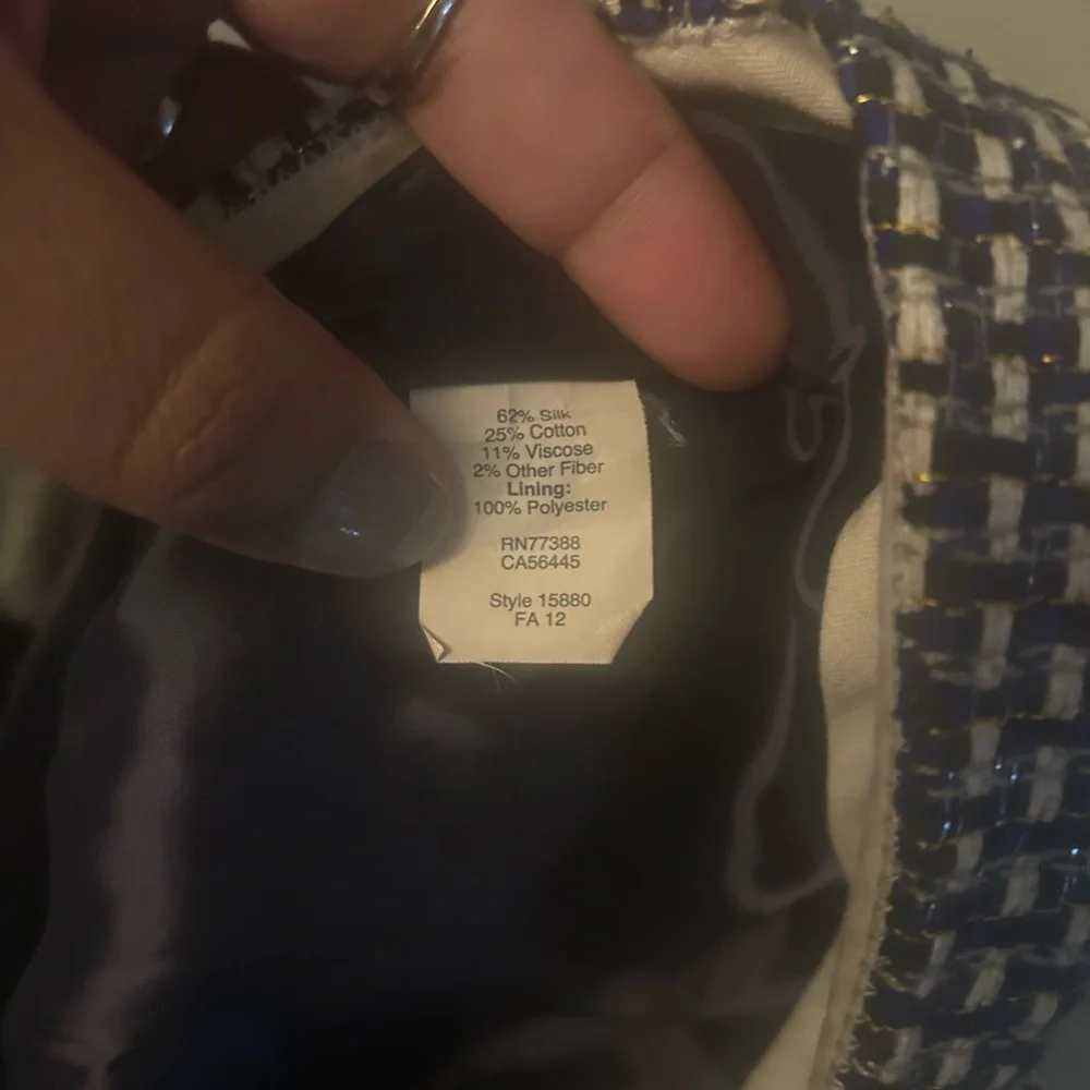 J. Crew pants - “Cafe Capri” silk/cotton blend black/white/royal blue tweed